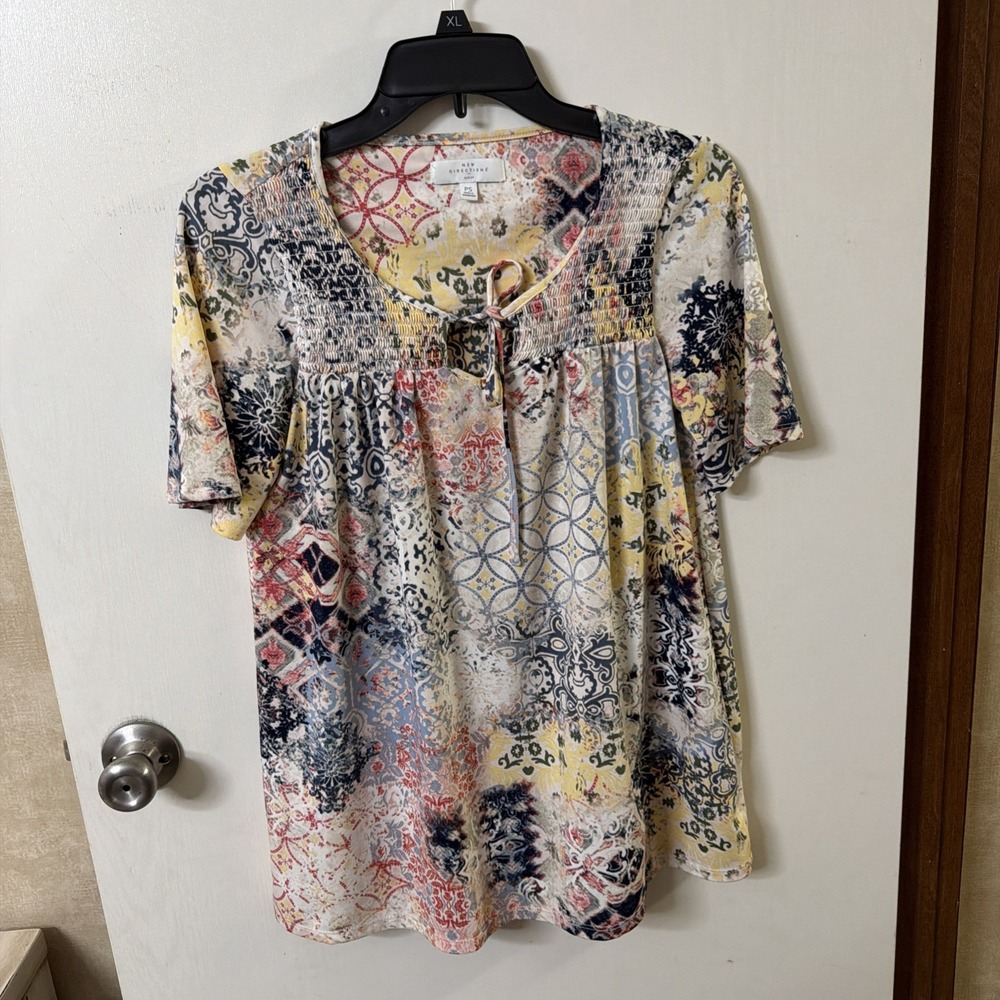 New Directions Curvy Petite S Blouse Multicolor Patchwork Boho Peasant Top
